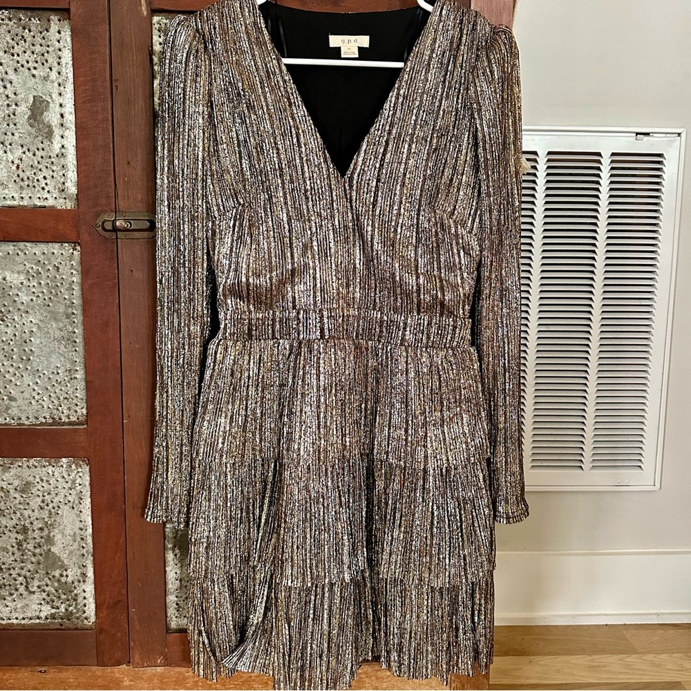 g.p.d Metallic Gold Tiered Mini Dress Flapper Black Lined Puff Long Sleeve